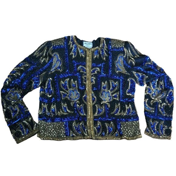Vintage Silk Beaded Sequin Brilliante Blazer Dinner Jacket by JA Blue Black - Picture 1 of 11